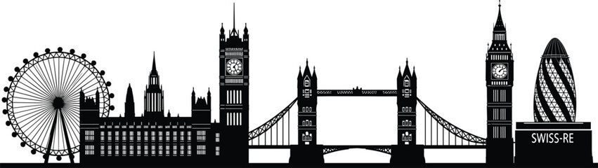 London city skyline silhouette panorama, iconic landmarks including Big Ben, Tower Bridge, London Eye, Gherkin building, travel and tourism vector. © Farzana