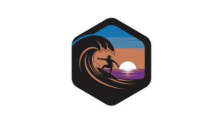 Peaceful Surfer Riding a Wave during a Vibrant Sunset within a Hexagonal Frame