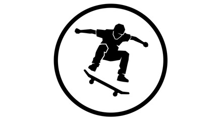 Skateboarder silhouette in mid-air performing a trick inside a circular badge, isolated white background, capturing dynamic movement. © Dinda