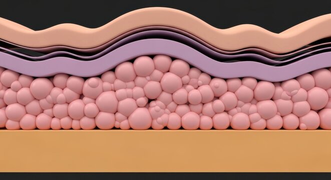 Cross section illustration depicts layers of biological tissue including accumulated adipose cells beneath the dermis