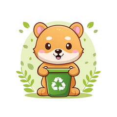 Vector icon of a baby animal properly disposing waste into a trash can, clean minimal design