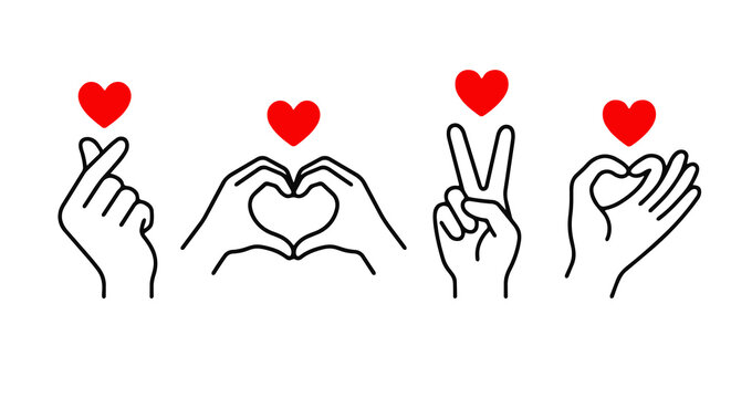 Set of Hand Drawn Love Gestures with Red Hearts. Line Art Vector Illustration of Finger Heart, Peace Sign and Hand Shapes.