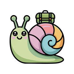 Adorable cartoon snail carrying a backpack on white background vector illustration, easily editable.