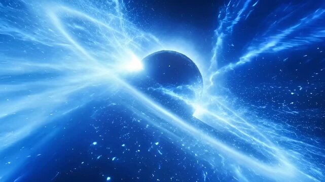 Supermassive black hole with blue energy jets and accretion disk emitting shockwaves in deep space