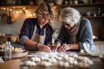 Fototapeta premium Teenager helping grandmother bake cookies in kitchen