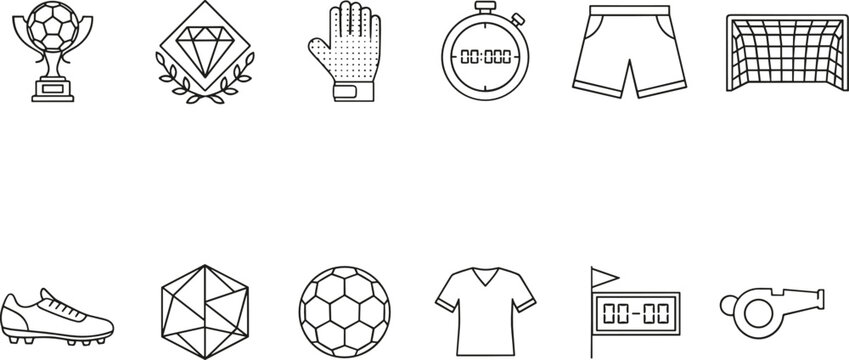 Soccer and sports line icon set including trophy, ball, stopwatch, jersey, goal net and whistle symbols