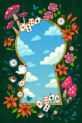 Wonderland background. Flowers, mushrooms, clock and key, teapotand cup, cards and butterflies. Flowers frame and gold keyhole on green background. Vector illustration
