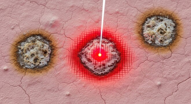 Focused beam of light targets a skin imperfection during a dermatological procedure