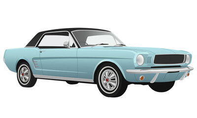 Retro Light Blue Classic Car Illustration, Vintage Two Door Hardtop Coupe Isolated on White