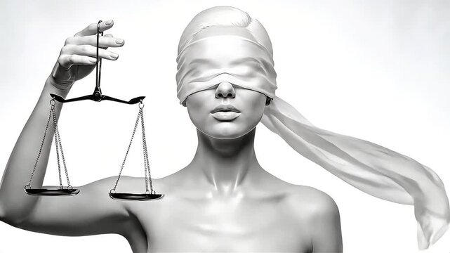 Powerful monochrome allegory of justice, a blindfolded figure holding balanced scales, representing the profound principles of impartiality, equity, and the unwavering rule of law