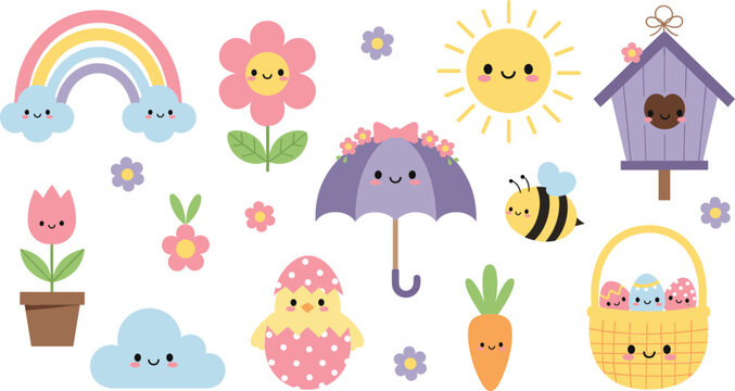 Adorable spring kawaii vector set featuring smiling rainbow sun flower bee birdhouse umbrella and Easter chick icons for cute seasonal card designs and stickers.