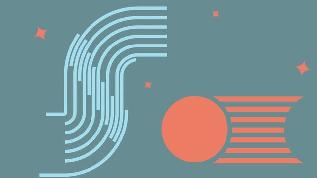 Blue Arcs and Coral Circle on Teal Background Keywords: abstract, geometric, shapes, background