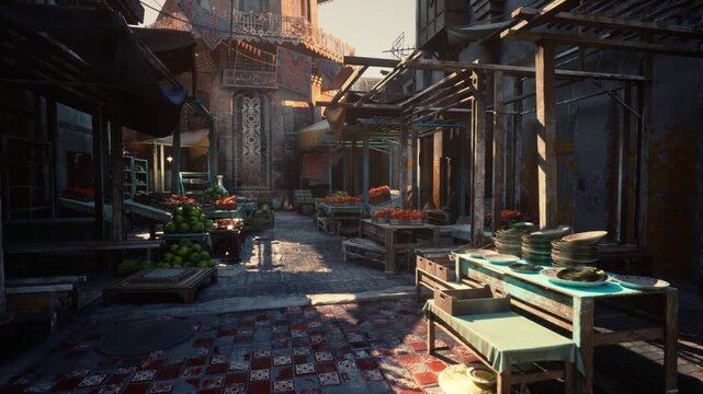 sunlit empty market street with wooden stalls, cobblestone path, baskets of fruit and pottery, warm golden hour light casting long shadows, quiet morning