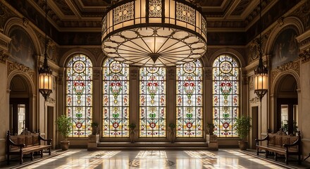 Obraz premium Opulent interior with stained glass windows and elegant furniture