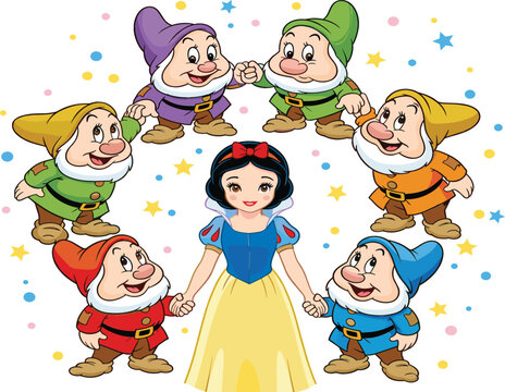 Classic fairytale princess character standing with seven cute dwarfs in a circle holding hands for children's storybook illustration party invitation and nursery wall art.