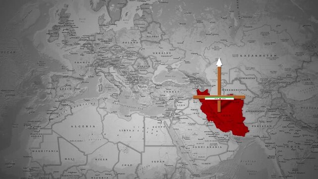 World Map Animation with Flags Highlighting the United States and Iran Territory
