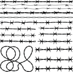 Barbed wire silhouette vector set featuring security fence lines, sharp thorn borders, twisted metal patterns, danger warning elements, industrial protection design, black illustration
