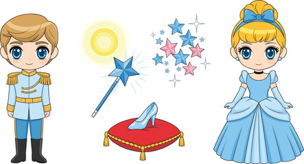 Cute chibi fairytale princess in blue dress and handsome prince vector set with magic wand glass slipper and stars for children storybooks and party designs.