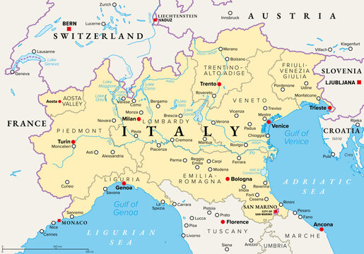 Northern Italy, political map of a region in the northern part of Italy. North Italy, highlighted in yellow, with borders, region capitals, largest cities, and the North Italian Lake District. Vector