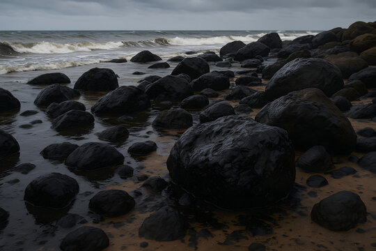 Rocky shoreline with dark coastal waves, black stones scattered across sandy beach, dramatic ocean seascape and rugged natural landscape, stormy water meeting volcanic rocks, coastal erosion, marine e