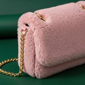 Pink faux fur handbag with gold chain strap on a green background pink handbag fluffy bag