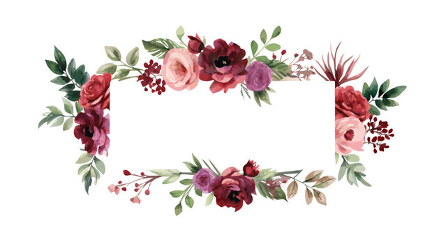 Watercolor burgundy flower frame and bouquet collection .Watercolor floral wreath border bouquet frame collection set green leaves burgundy maroon scarlet pink peach blush white flowers leaf branches.