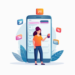 Vector illustration of a person using a smartphone app, clean flat design, soft gradients