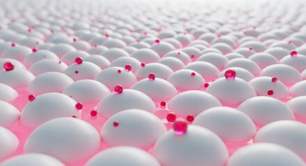 Obraz premium Numerous white dome shapes emerge from a glowing pink liquid, each topped with a small, reflective crimson bead