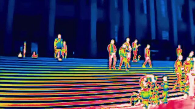 Citizens descend the wide of the museum building. with columns. Image from thermal imager device.