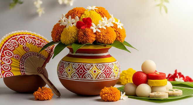 Pohela Boishakh celebration with decorated pot, hand fan and colorful sweets