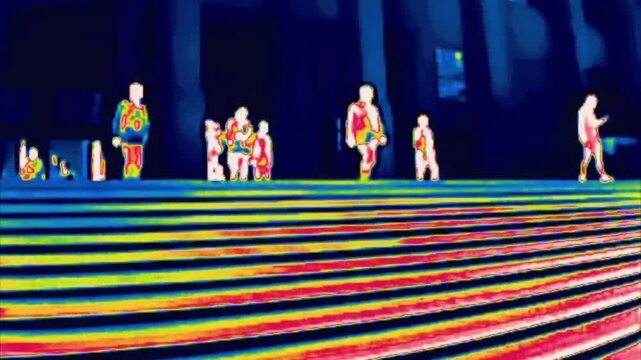 Citizens descend the wide of the museum building. with columns. Image from thermal imager device.