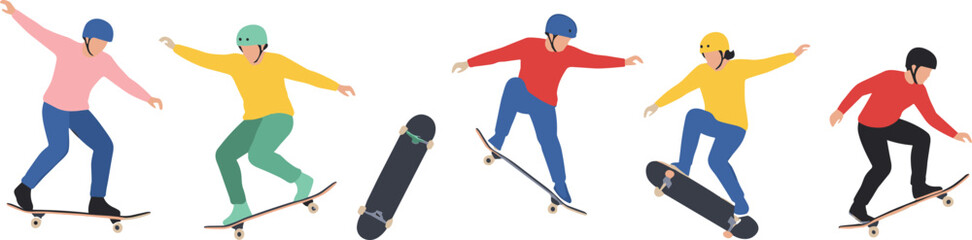 Skateboarding Trick Sequence Illustration Showing Skaters Performing Ollie and Jump Moves in Progressive Motion for Street Sports Design © MstBobita