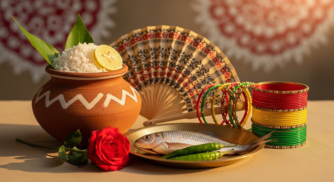 Pohela Boishakh celebration with Panta Ilish, colorful bangles and hand fan