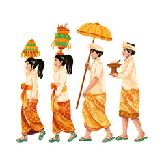 Balinese People in Traditional Costume Carrying Ritual Offerings for Ceremony Illustration