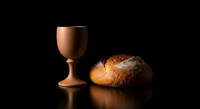 A wooden goblet and a loaf of bread on a dark surface