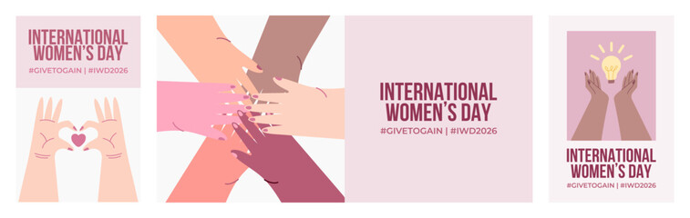 International Women's Day Poster Set with Hands Showing Unity and Give to Gain Concept. Vector Illustration in Flat.