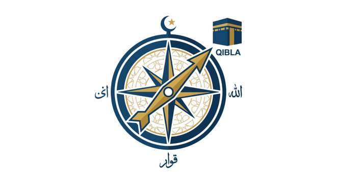 Islamic Qibla compass with Kaaba and Arabic calligraphy