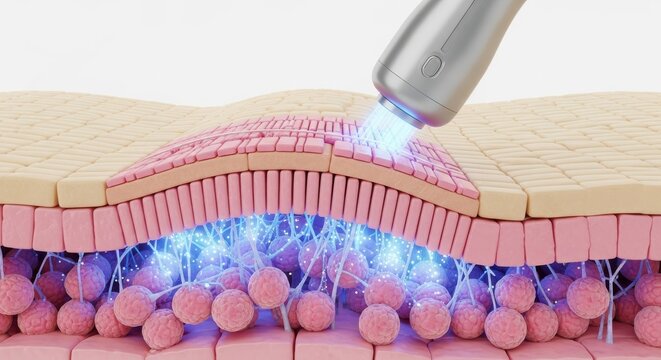 Handheld device delivers light energy to stimulate collagen fibers within dermal tissue structure