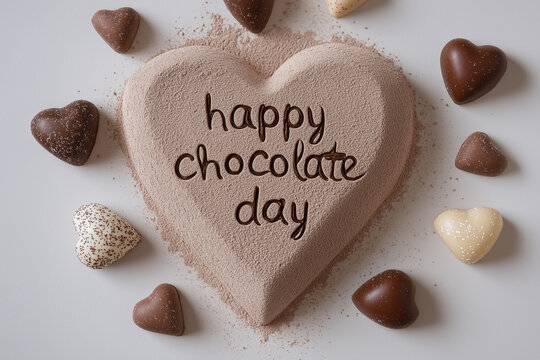 a chocolate heart with chocolate sprinkles, featuring the text happy chocolate day on a beige background, captured in a top-down, flat lay composition with studio lighting. the image is a high-resolut