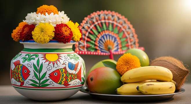Traditional Bengali New Year Pohela Boishakh Celebration Background with Painted Pot, Hand Fan, and Fruits