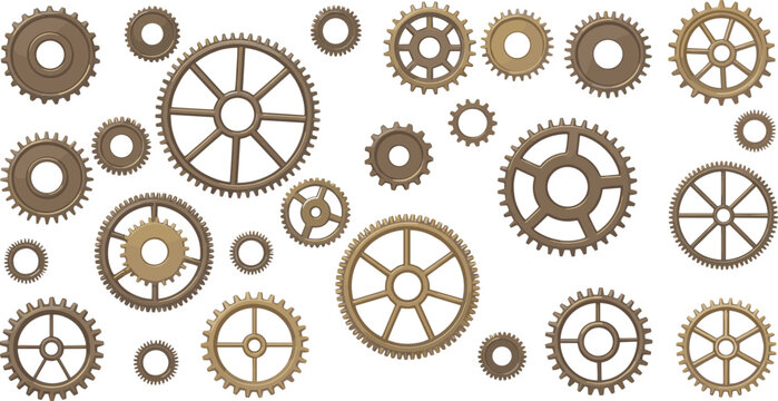 Mechanical gears wheels set illustration. Golden color industrial cogwheel collection for engineering, steampunk machinery and mechanical system flat vector.