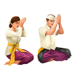 Traditional Balinese Man and Woman Praying in White Costume and Purple Sarong