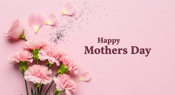 Happy mothers day greeting card with pink flowers and glitter