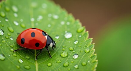Beautiful Ladybug on Green Leaf with Water Droplets and Natural Background