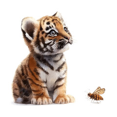 Obraz premium Tiger Cub Observing, delicate painting watercolor vector with vivid brush accents, isolated on a white background.