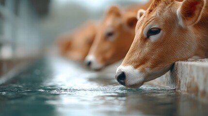 Close up of a light brown cow drinking from a concrete water trough on a farm with other cattle visible in the soft focus background highlighting a peaceful rural scene