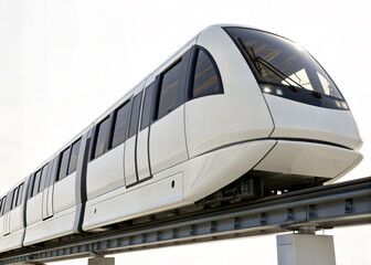 Fototapeta premium Modern white monorail train traveling on elevated track in urban transportation system
