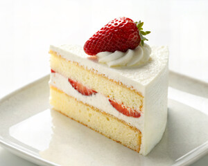 Delicious layered strawberry shortcake with whipped cream on white plate