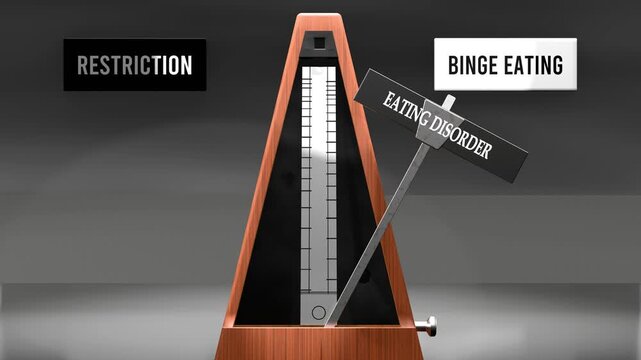 Eating disorder cycles between restriction and binge eating. Visualizing a repeated pattern of eating disorder that swings between extremities: restriction and binge eating.