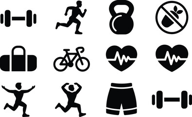 Fitness and health icons depicting exercise equipment and wellbeing